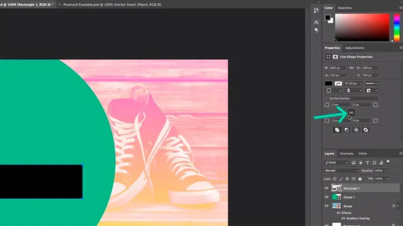 highlighted link corner radius button in adobe photoshop