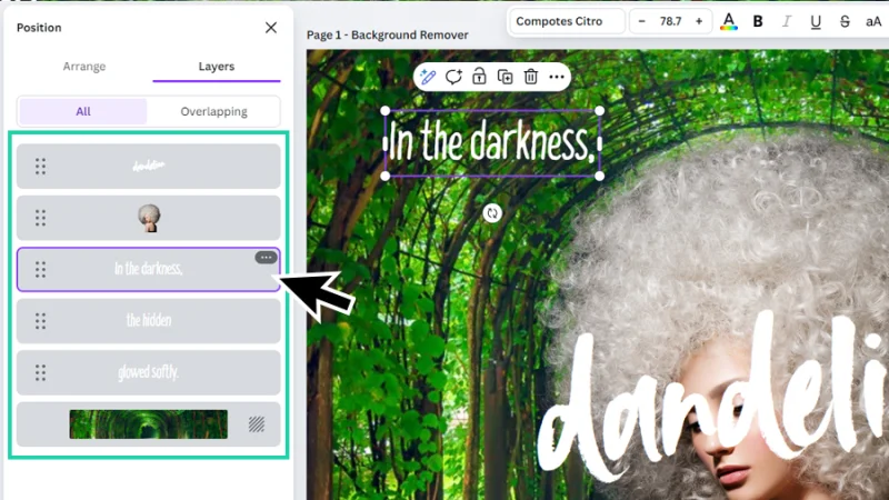 layers section highlighted inside the position panel in canva