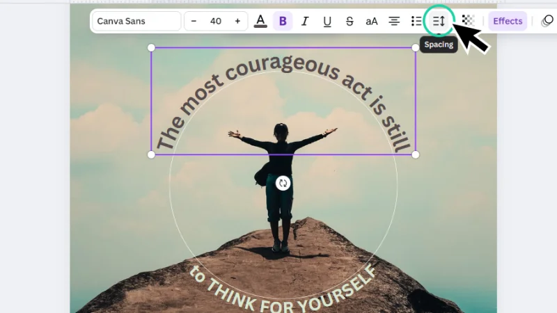 accessing the letter and line spacing panel on the contextual task bar in canva