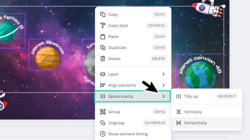 evenly spacing grouped objects action highlighted in canva