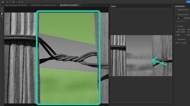 By properly defining the sampling area, Photoshop’s Content Aware-Fill can now deliver an improved result.