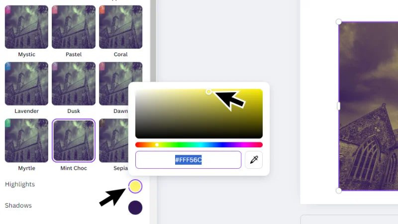 applying a yellow color tone to a duotone effect in canva