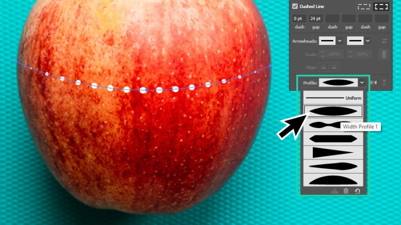 width profile applied to dotted line in illustrator