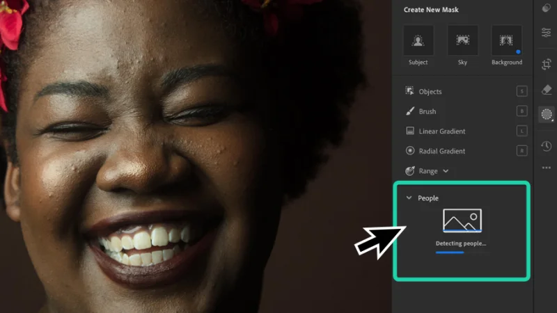 masking tool automatically reading a smiling woman photography in lightroom
