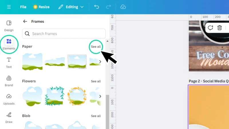 clicking the see all option inside the paper frame category in canva