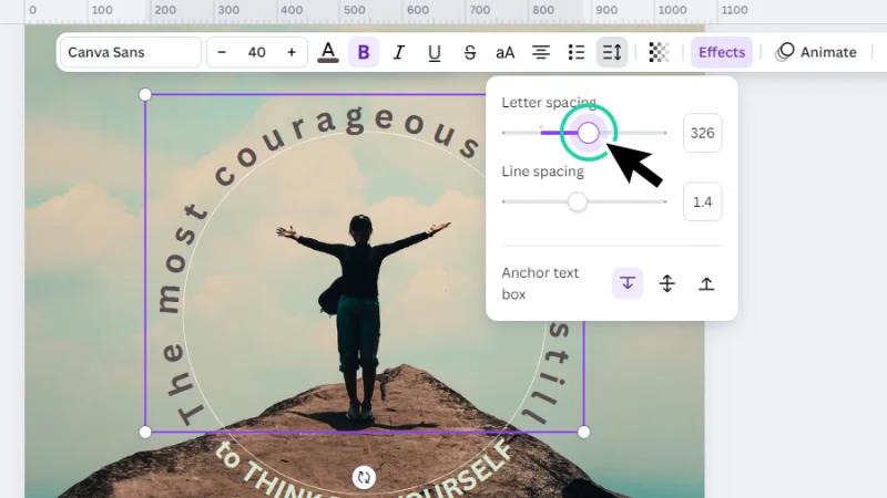 adjusting letter spacing to curved text in canva