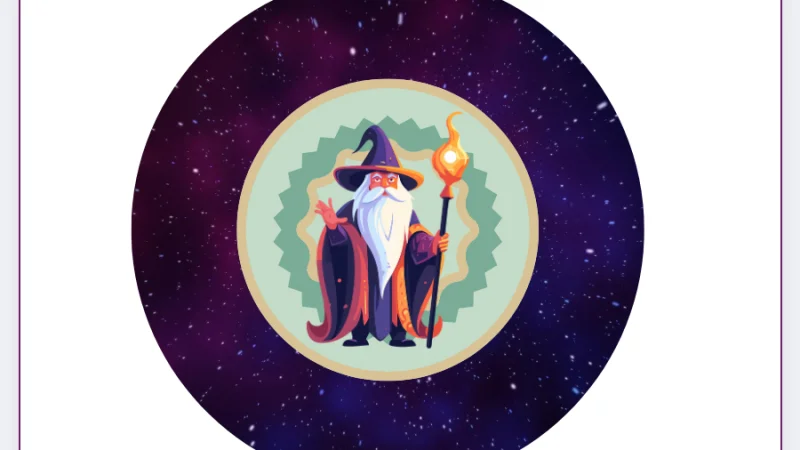 a cartoon wizard over a circle shaped background in canva