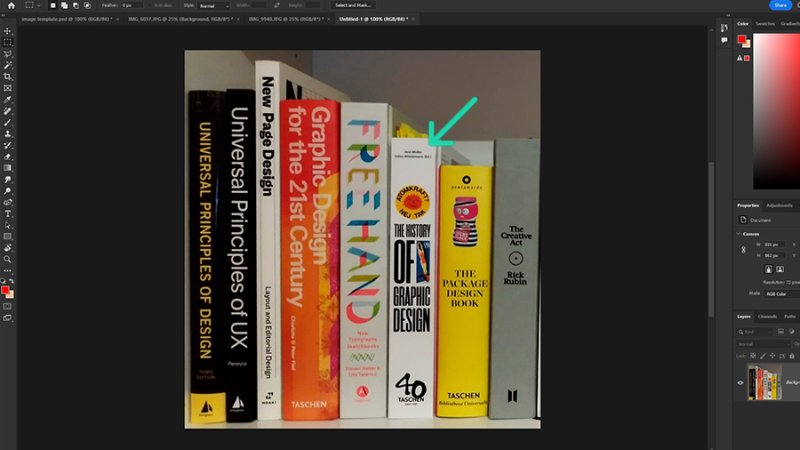 Let’s change one of the spines from the books on our shelf.