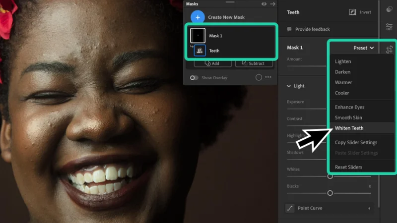 applying the whiten teeth adjustment preset to smiling woman photograph  in lightroom