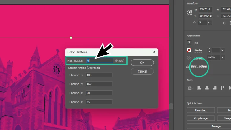 adjusting color halftone pixel radius values in illustrator
