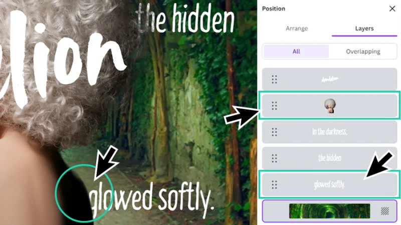 adjusting text layers in the layers panel to create an overlapping effect in canva
