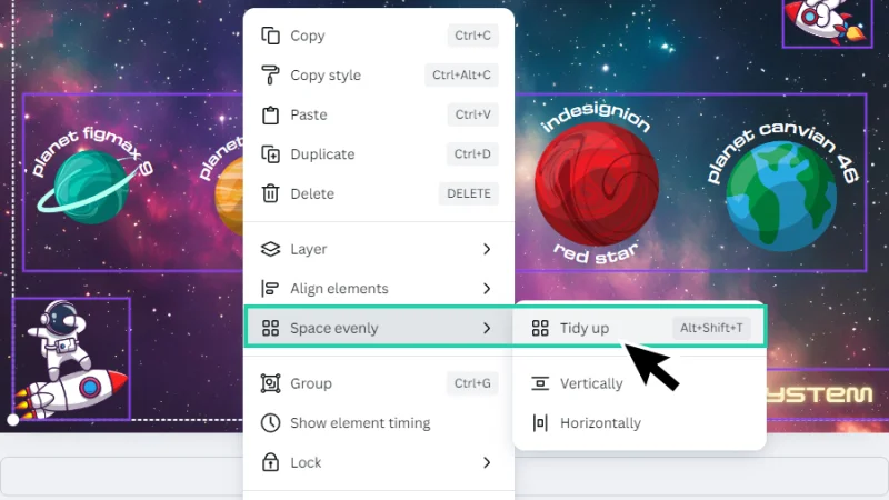 selecting tidy up action to adjust elements spacing across page in canva