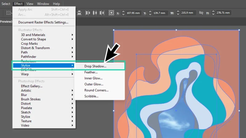 opening the drop shadow options window from the top menu bar in illustrator