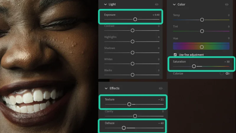 adjustment preset settings applied to smiling woman photograph in lightroom