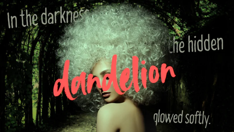 poster composition of long white hair model interacting with a text quote in canva