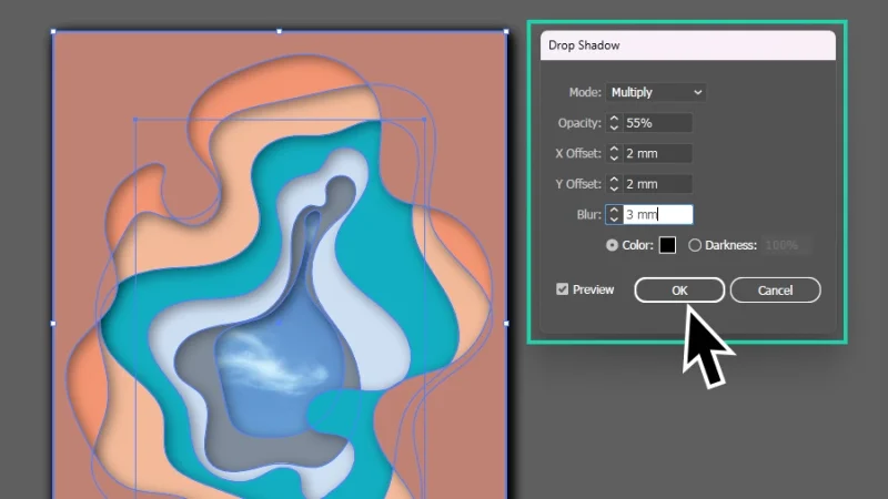adjusting settings and previewing drop shadow effect on paper cut artwork in illustrator