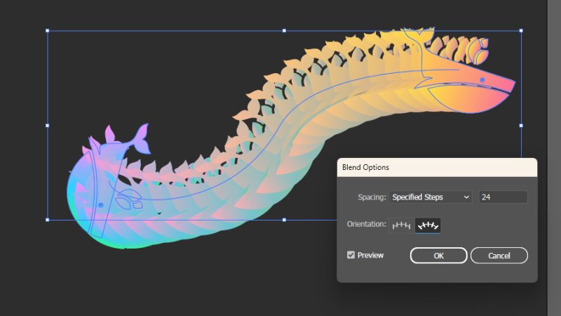 color blend of a whale along a curved path in adobe illustrator