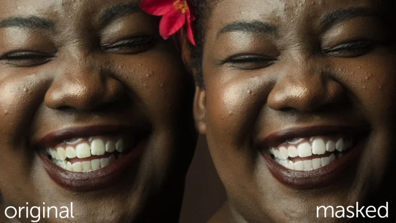 original and retouched versions comparison of smiling woman photograph in lightroom