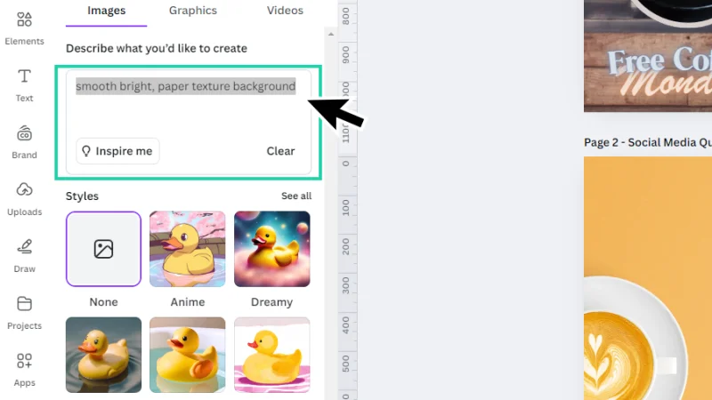 text description highlighted inside the generative ai prompt field in canva