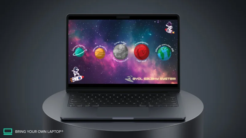 mockup laptop view of space landscape artwork designed in canva