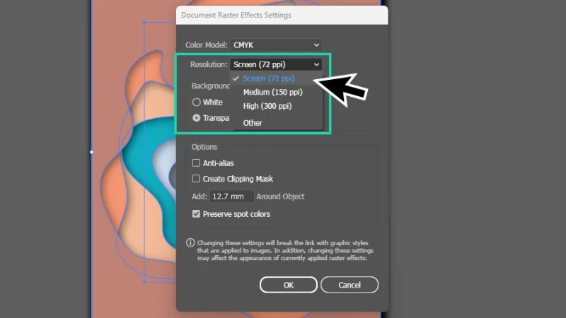 adjusting resolution to 72 ppi on the document raster settings window in illustrator