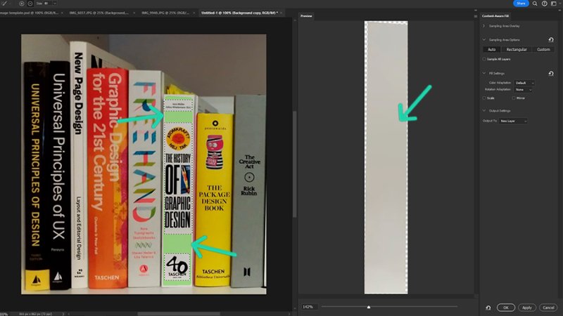 Content-Aware Fill, with this limited sampling area, immediately delivers a seamlessly clean spine.