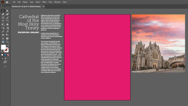 text element next to pink filled artboard and cathedral photo in illustrator