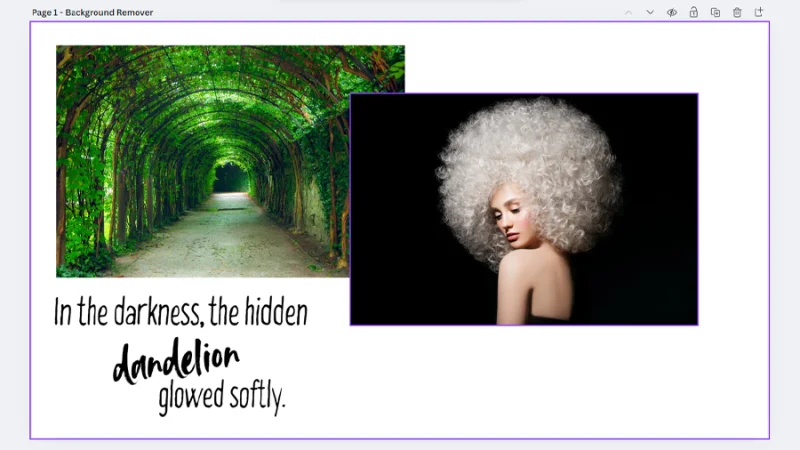 images of green garden and model with curly white hair in canva