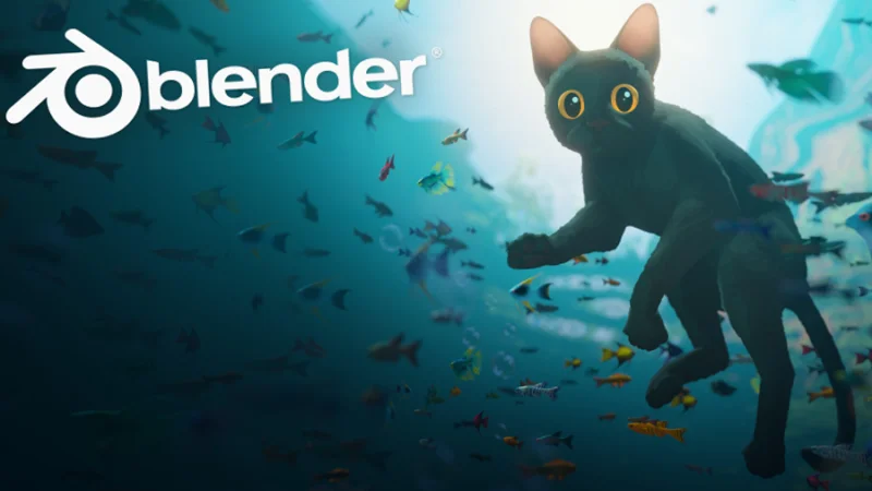 image of the oscar winning movie flow displaying the gray cat and blender logo