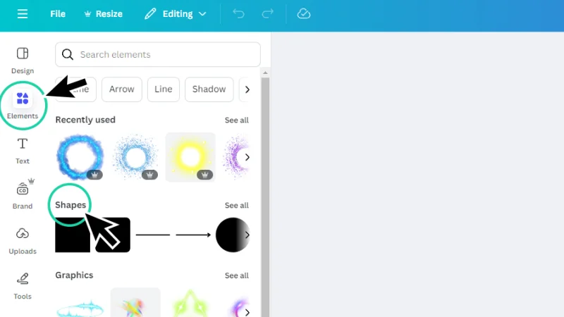 shapes section highlighted inside the elements tab in canva