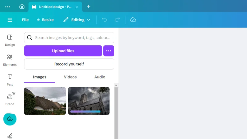 two photos being stored in the uploads panel in canva