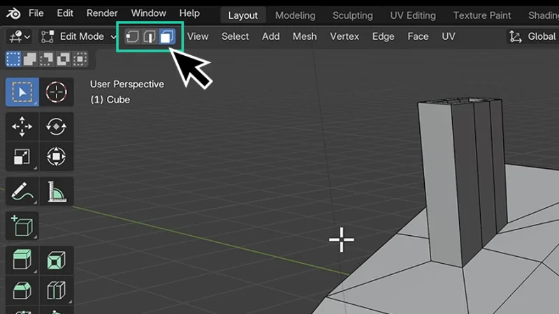 selection mode vertex, edge, and face buttons highlighted in blender