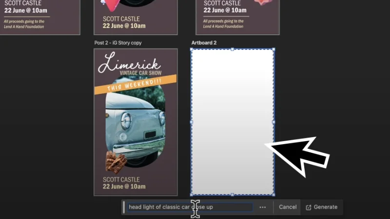 generating content on a new artboard in photoshop