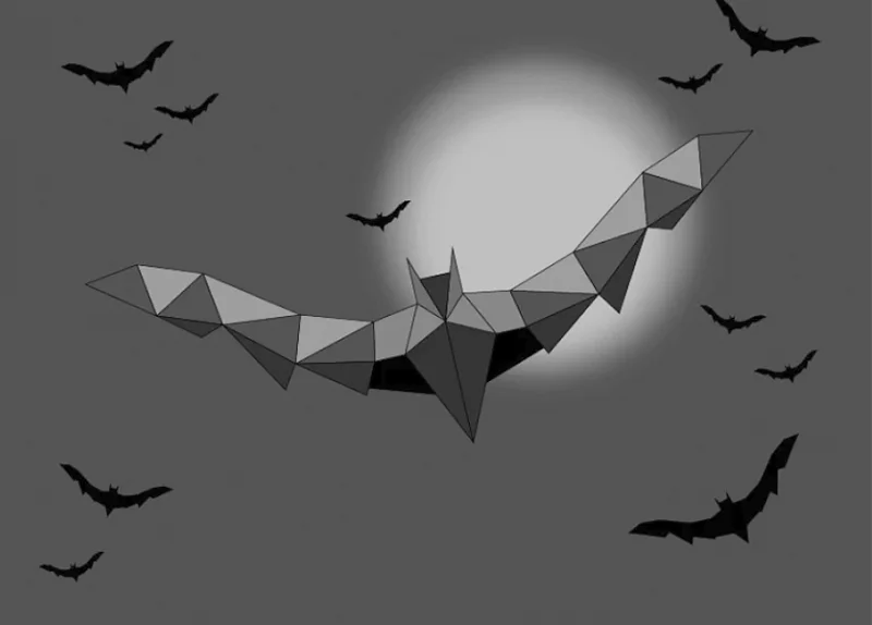 black and white vector image of geometric bats flying in front of a full moon