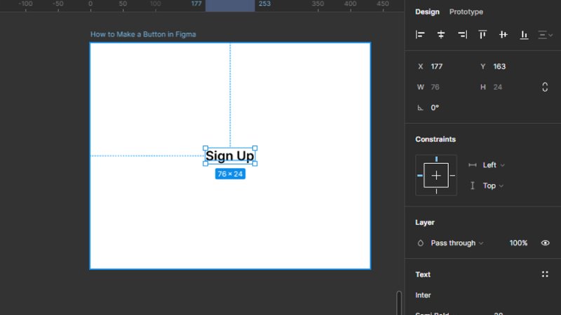 sign up button label centered inside a frame in figma