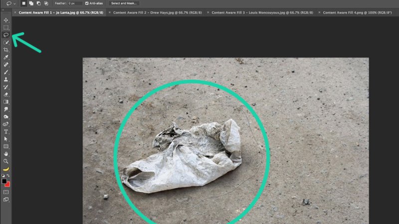 The Lasso Tool is perfect for quick and easy selection around the object we want to remove.