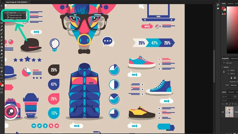 Image with infographic artwork elements and the basic, polygonal and magnetic lasso tools highlighted in the toolbar in adobe photoshop