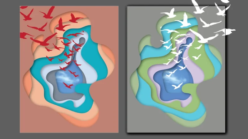 abstract paper cut artwork with a background blue sky in illustrator
