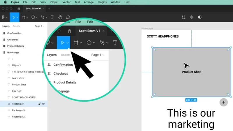 activating move tool from the top toolbar in figma