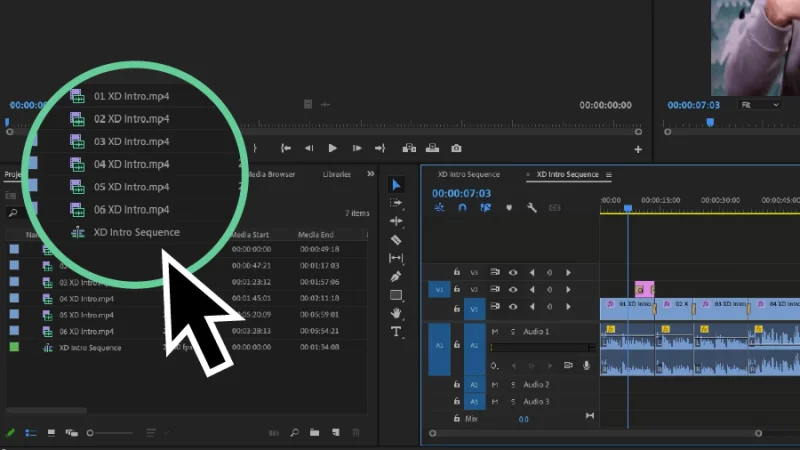 timeline and project panel displaying active sequence in Premiere Pro