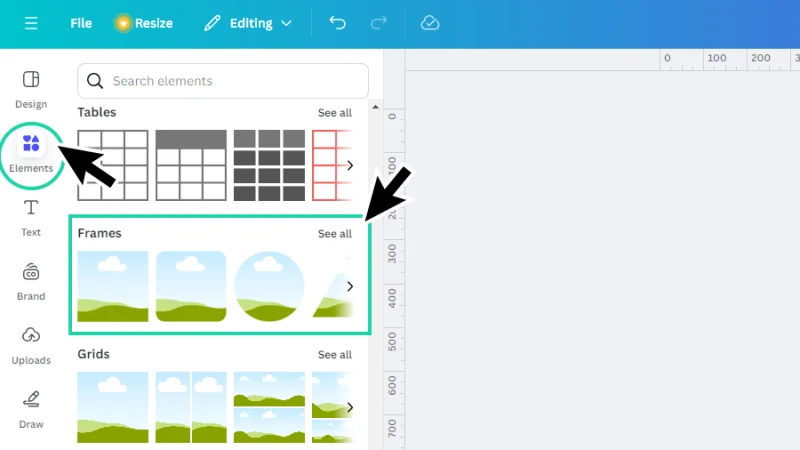 Frames section highlighted inside the elements menu in canva