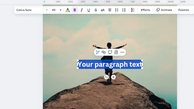 text box with placeholder content set over photo of a woman on a mountain top in canva