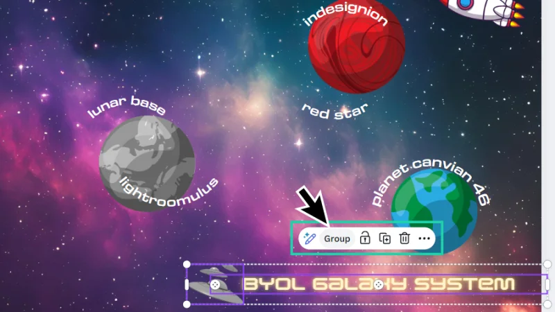 ufo graphic and text element selected together to create a new group in canva
