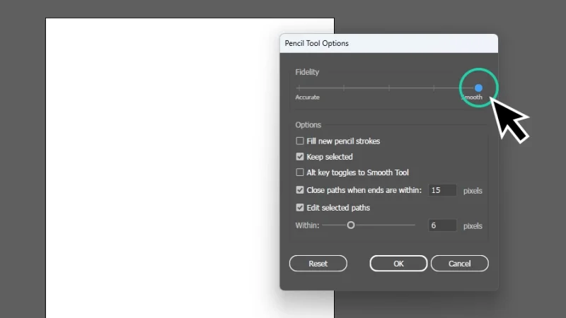 adjusting the fidelity slider to smooth in the pencil tool options window in illustrator