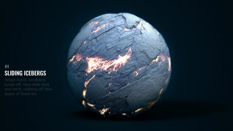 Image of globe covered in tar with text overlay sliding icebergs