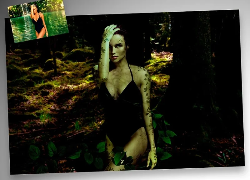 before and after image editing of a poison ivy composition in Photoshop