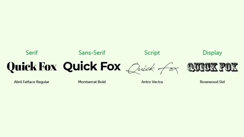 four font categories displaying text sample and typeface names