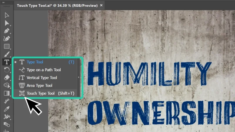 touch type highlighted inside the type tool group adobe illustrator