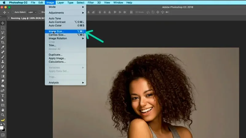 Accessing Image Size tool in Adobe Photoshop.