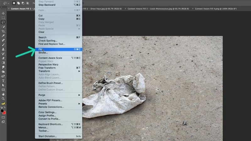 Select Fill… from the Edit menu to access the Content-Aware Fill settings.